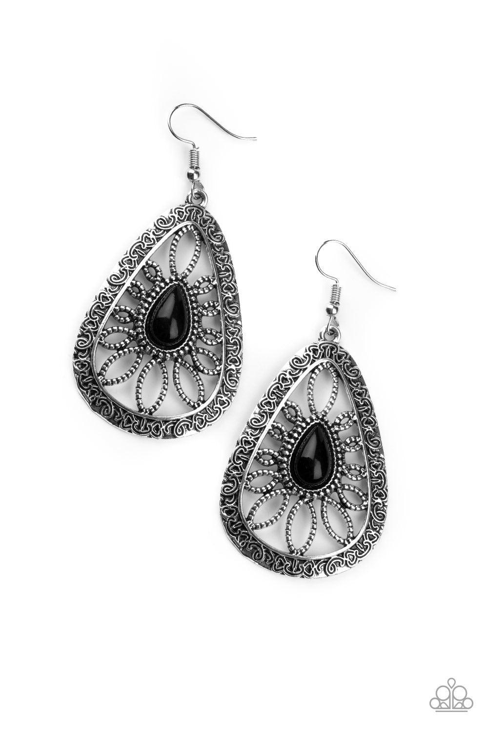 Paparazzi Accessories Floral Frill - Black A shiny black bead is pressed into the center of an ornate silver teardrop frame studded and embossed in swirling filigree detail for a whimsical look. Earring attaches to a standard fishhook fitting. Sold as one