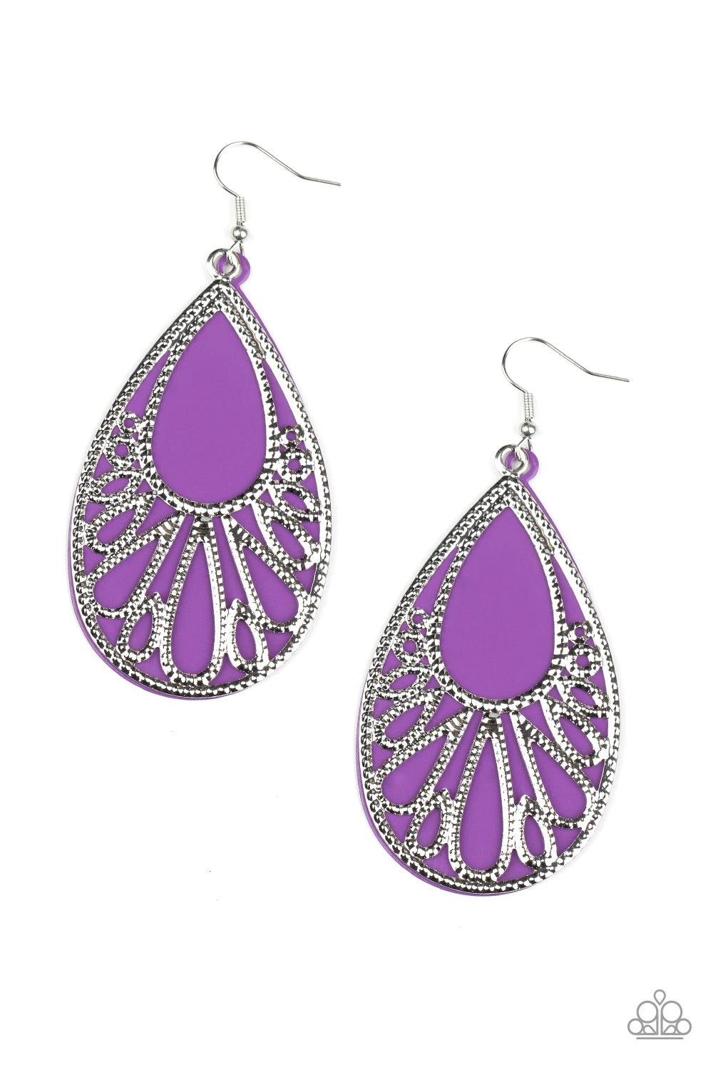 Paparazzi Accessories Loud And Proud - Purple Stenciled with studded filigree, an airy silver teardrop overlaps atop a purple acrylic teardrop frame, creating a flamboyant lure. Earring attaches to a standard fishhook fitting. Sold as one pair of earrings