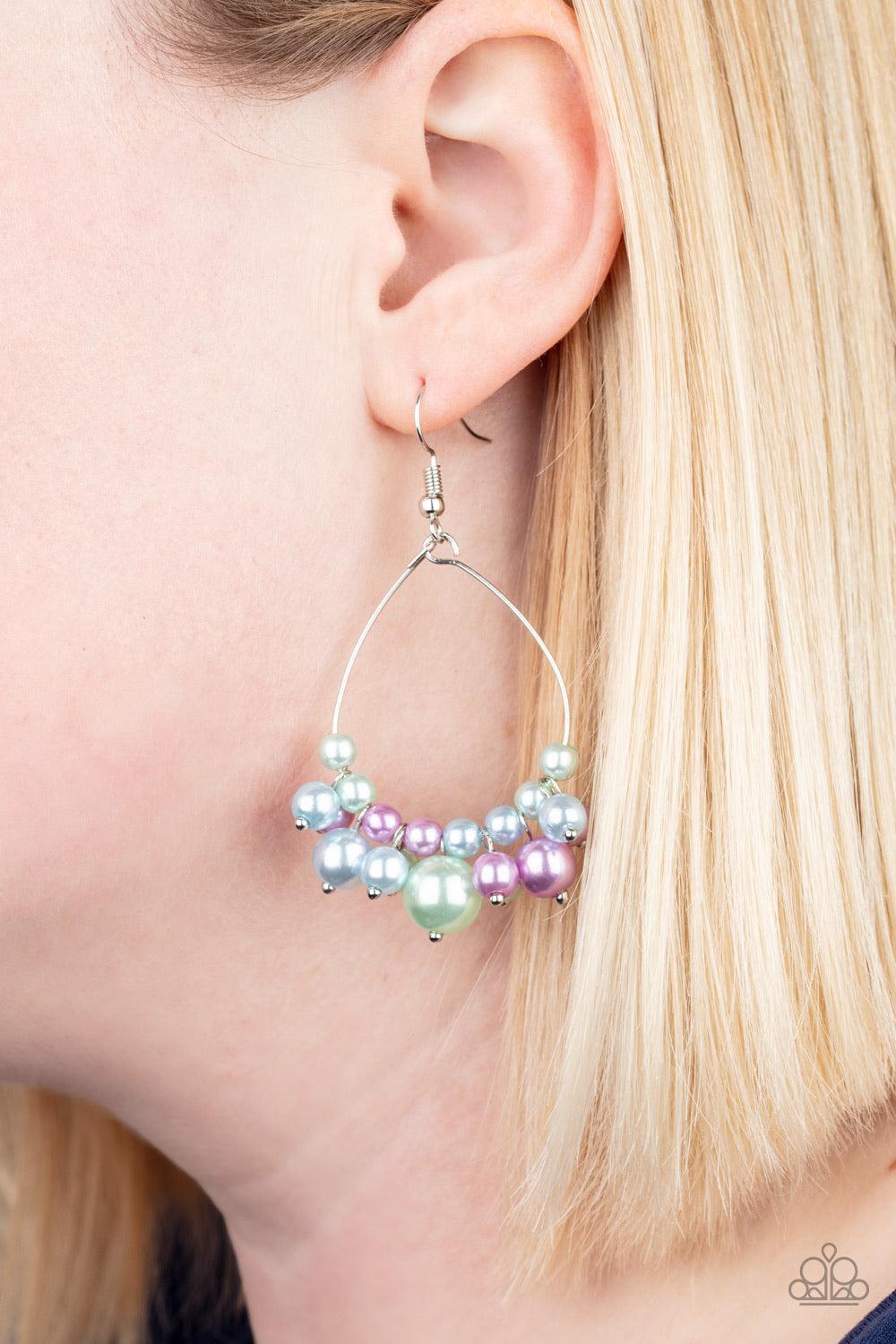 Paparazzi Accessories 5th Avenue Appeal - Multi A refined collection of blue, green, and purple pearls cascade from the bottom of a dainty wire teardrop frame, creating a bubbly fringe. Earring attaches to a standard fishhook fitting. Jewelry