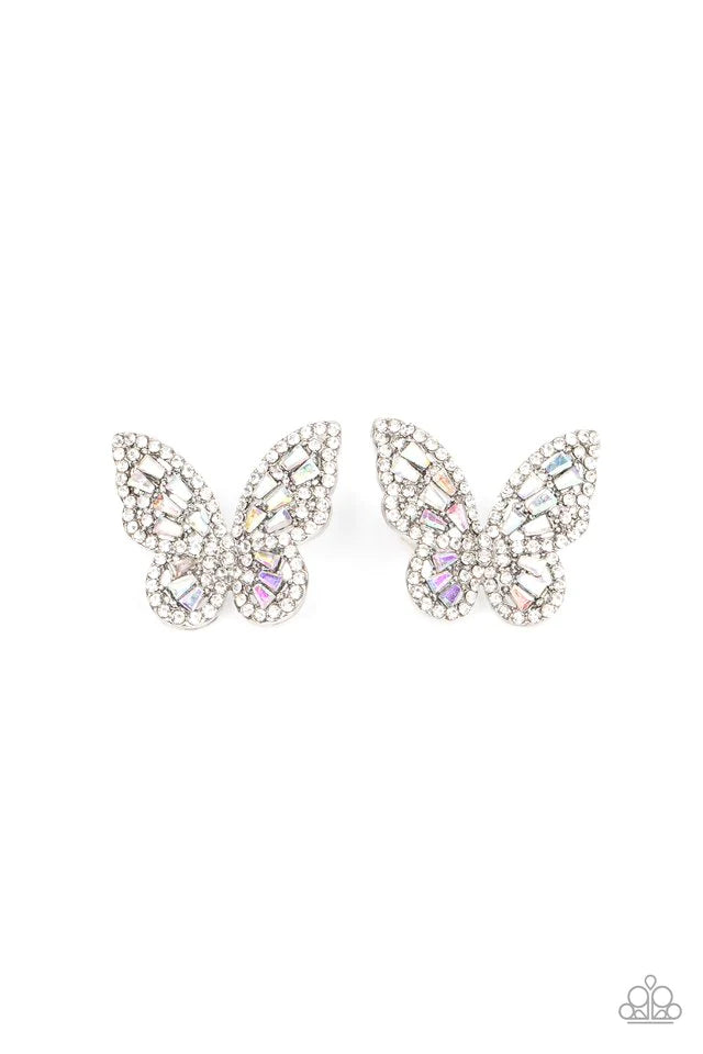 Paparazzi Accessories Smooth Like Flutter - Multi Bordered in dainty white rhinestones, emerald cut iridescent rhinestones sparkle inside the silver wings of a butterfly for an enchanting fashion. Earring attaches to a standard post fitting. Jewelry