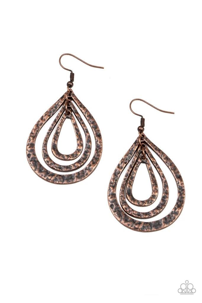 Paparazzi Accessories Plains Pathfinder - Copper Hammered in a rustic finish, three distressed copper teardrops delicately link into a gritty lure for a seasonal look. Earring attaches to a standard fishhook fitting. Jewelry