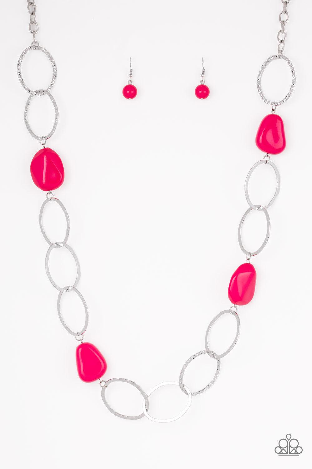 Paparazzi Accessories Modern Day Malibu - Pink Featuring a faux rock finish, faceted pink beads join hammered silver hoops across the chest for a seasonal look. Features an adjustable clasp closure. Sold as one individual necklace. Includes one pair of ma