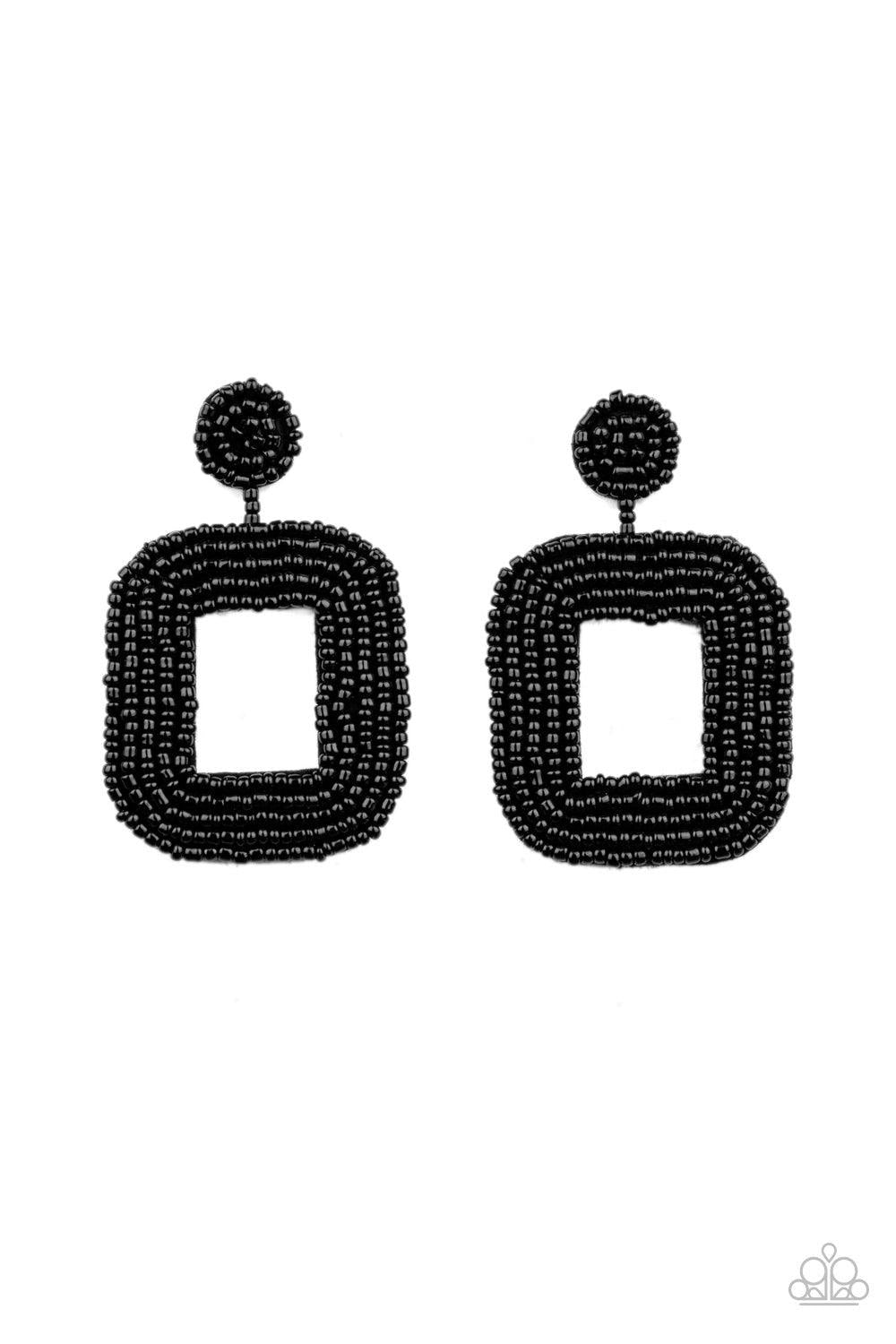 Paparazzi Accessories Beaded Bella - Black Shiny rows of dainty black seed beads adorn the front of a rounded square frame at the bottom of a matching beaded fitting, creating a blissfully beaded look. Earring attaches to a standard post fitting. Sold as