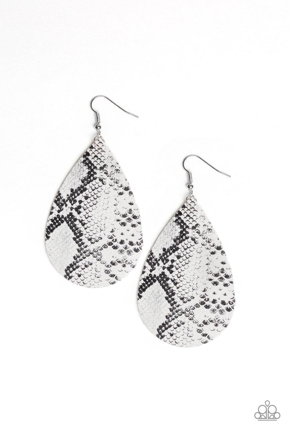 Paparazzi Accessories Hiss, Hiss - White Featuring a white python print, a shiny leather teardrop frame swings from the ear for a wildly wonderful look. Earring attaches to a standard fishhook fitting. Jewelry