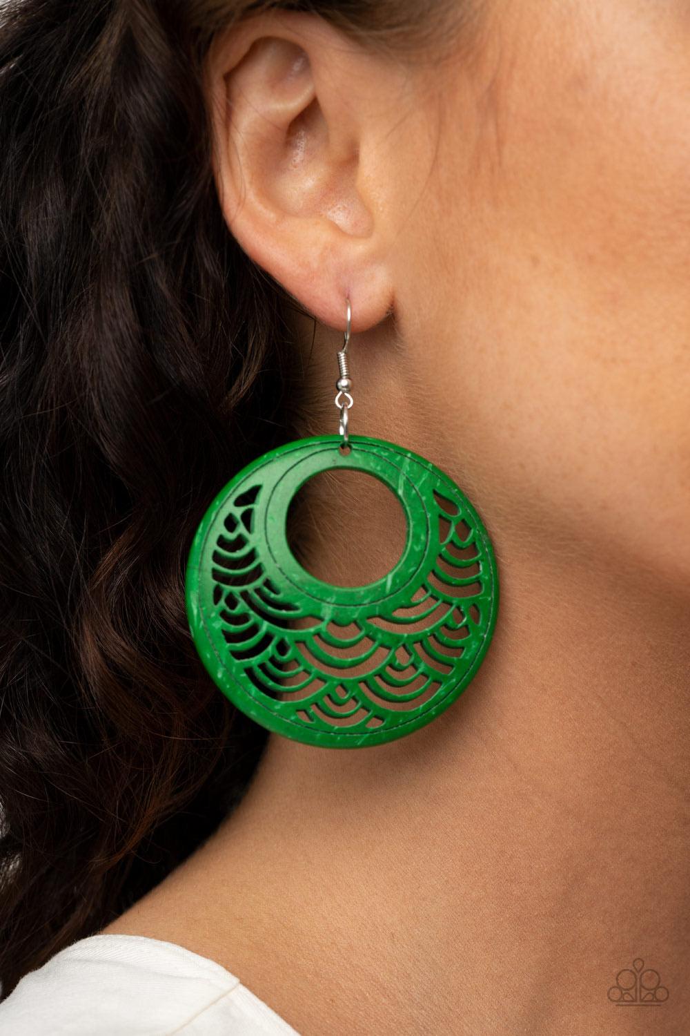 Paparazzi Accessories Tropical Canopy ~Green Brushed in a distressed green finish, a round wooden frame is stenciled into an airy pattern for a seasonal look. Earring attaches to a standard fishhook fitting./P> Sold as one pair of earrings.