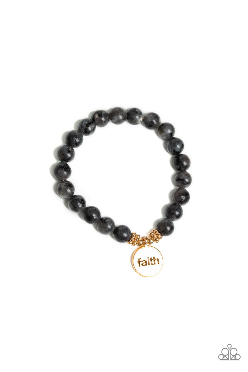 Paparazzi Accessories FAITH It, Till You Make It - Black A collection of glassy black stone beads are threaded along a stretchy band around the wrist for a seasonal flair. A shimmery gold disc stamped in the word, "faith", swings from the wrist for an ins