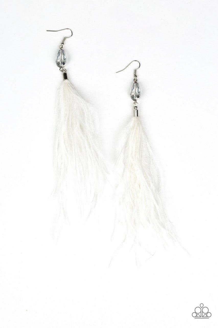 Paparazzi Accessories Showgirl Showcase - White A plume of white feathers flare out from the bottom of a faceted hematite bead, creating a glamorous tassel. Earring attaches to a standard fishhook fitting. Jewelry