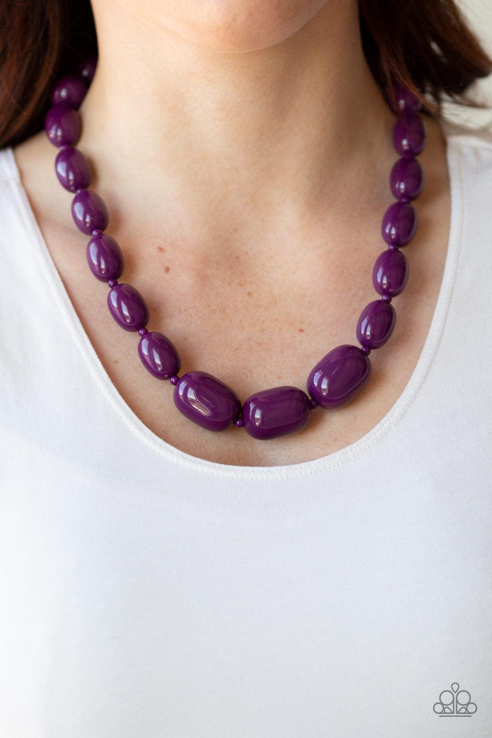 Paparazzi Accessories Poppin Popularity - Purple Infused with dainty purple beads, round plum beads trickle into bold oval beads, creating a bold pop of color below the collar. Features an adjustable clasp closure. Jewelry