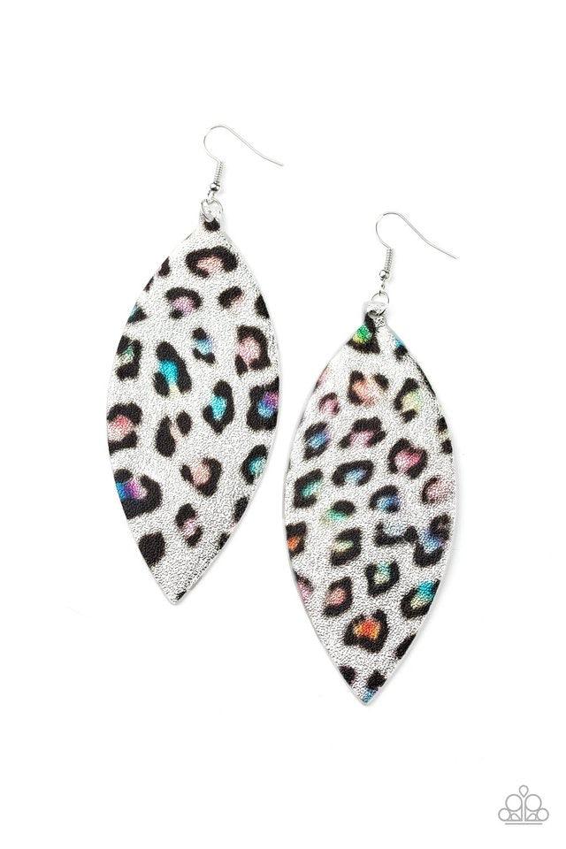 Paparazzi Accessories Once A CHEETAH, Always a CHEETAH - Multi Featuring a shimmery multicolored cheetah print, a silvery leather teardrop swings from the ear for a wildly colorful look. Earring attaches to a standard fishhook fitting. Jewelry