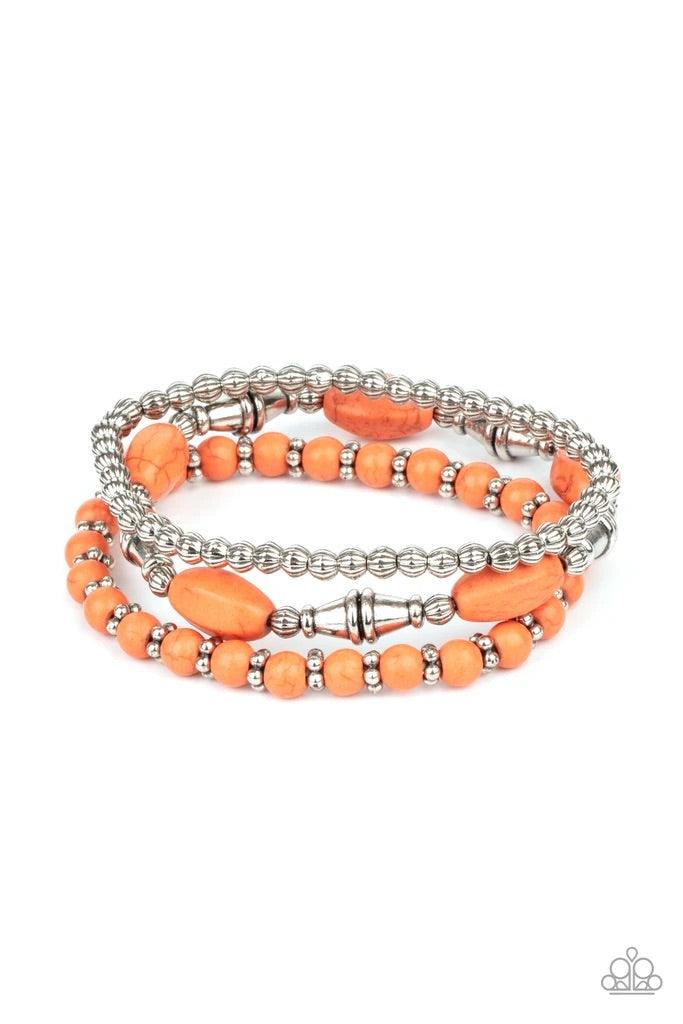 Paparazzi Accessories Sahara Sanctuary - Orange An earthy collection of mismatched orange stones and ornate silver beads are threaded along stretchy bands around the wrist for a colorful artisan flair. Sold as one set of three bracelets. Jewelry