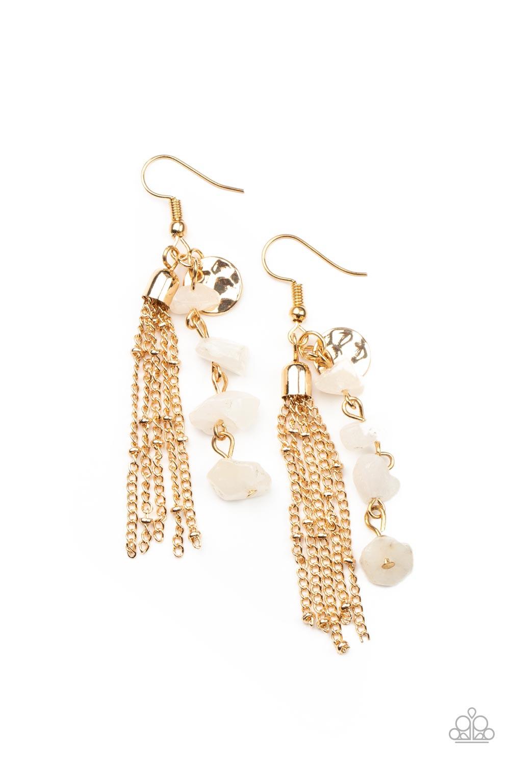 Paparazzi Accessories Stone Sensation - Gold A hammered gold disc, gold chain tassel, and strand of raw cut white rock beads delicately stream from the ear, creating an earthy fringe. Earring attaches to a standard fishhook fitting. Sold as one pair of ea