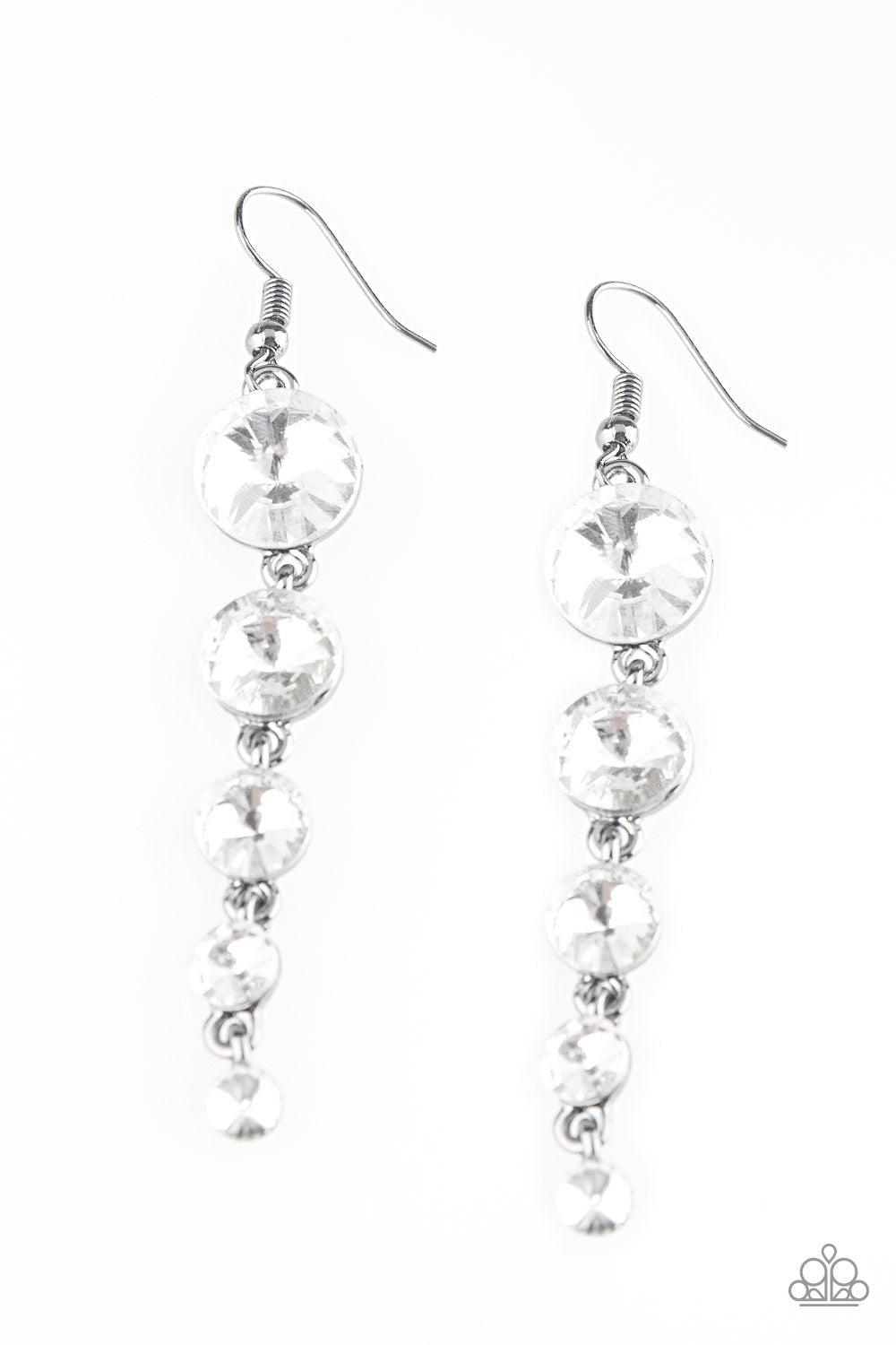 Paparazzi Accessories Raining Rhinestones - Black Gradually decreasing in size, glassy white rhinestones trickle from the ear, coalescing into a glamorous lure. Earring attaches to a standard fishhook fitting. Sold as one pair of earrings. Jewelry
