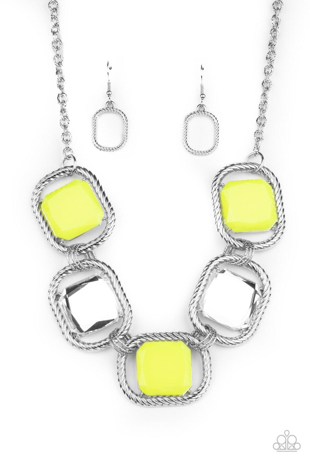 Paparazzi Accessories Pucker Up - Yellow Featuring regal cuts, faceted white gems and Green Sheen beads are pressed into the centers of rope-like silver frames that triple link below the collar for a dramatic pop of color. Features an adjustable clasp clo
