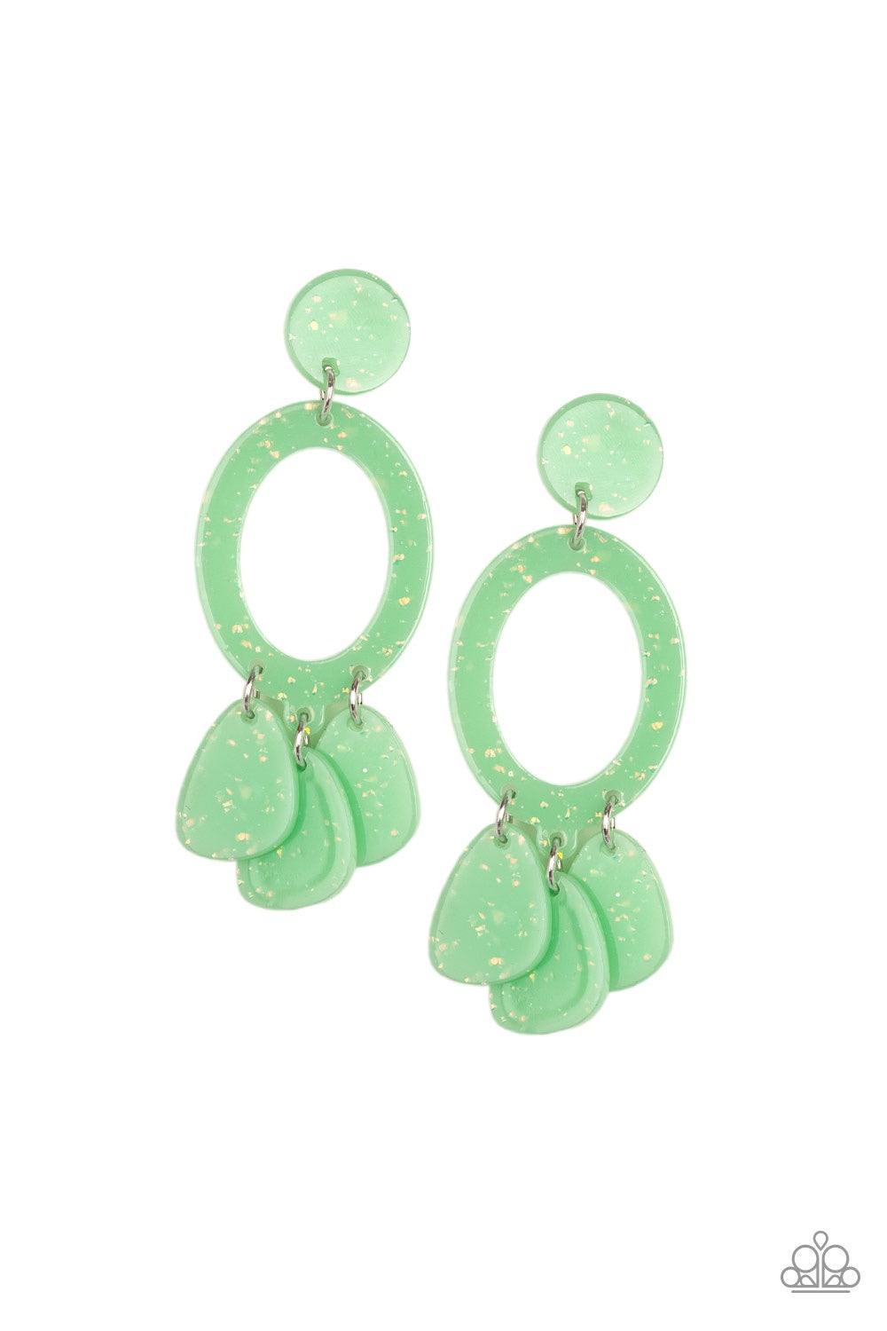 Paparazzi Accessories Sparkling Shores - Green Sparkle flecked Spearmint acrylic frames link into an abstract lure for a summery look. Earring attaches to a standard post fitting. Jewelry