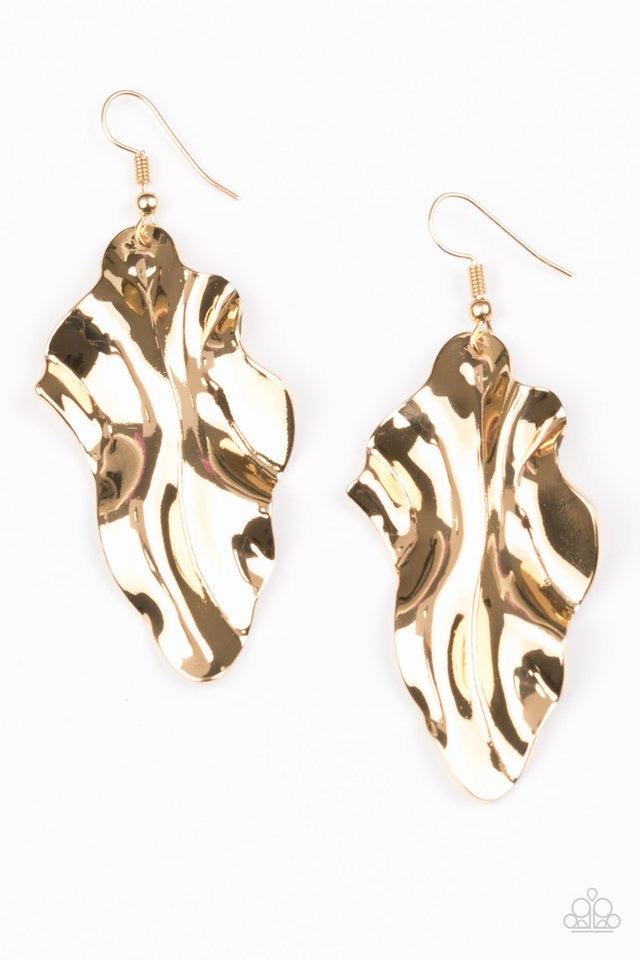 Paparazzi Accessories Fall Into Fall - Gold Brushed in a high-sheen finish, a rippling gold leaf-like frame falls from the ear for a seasonal look. Earring attaches to a standard fishhook fitting. Sold as one pair of earrings. Jewelry
