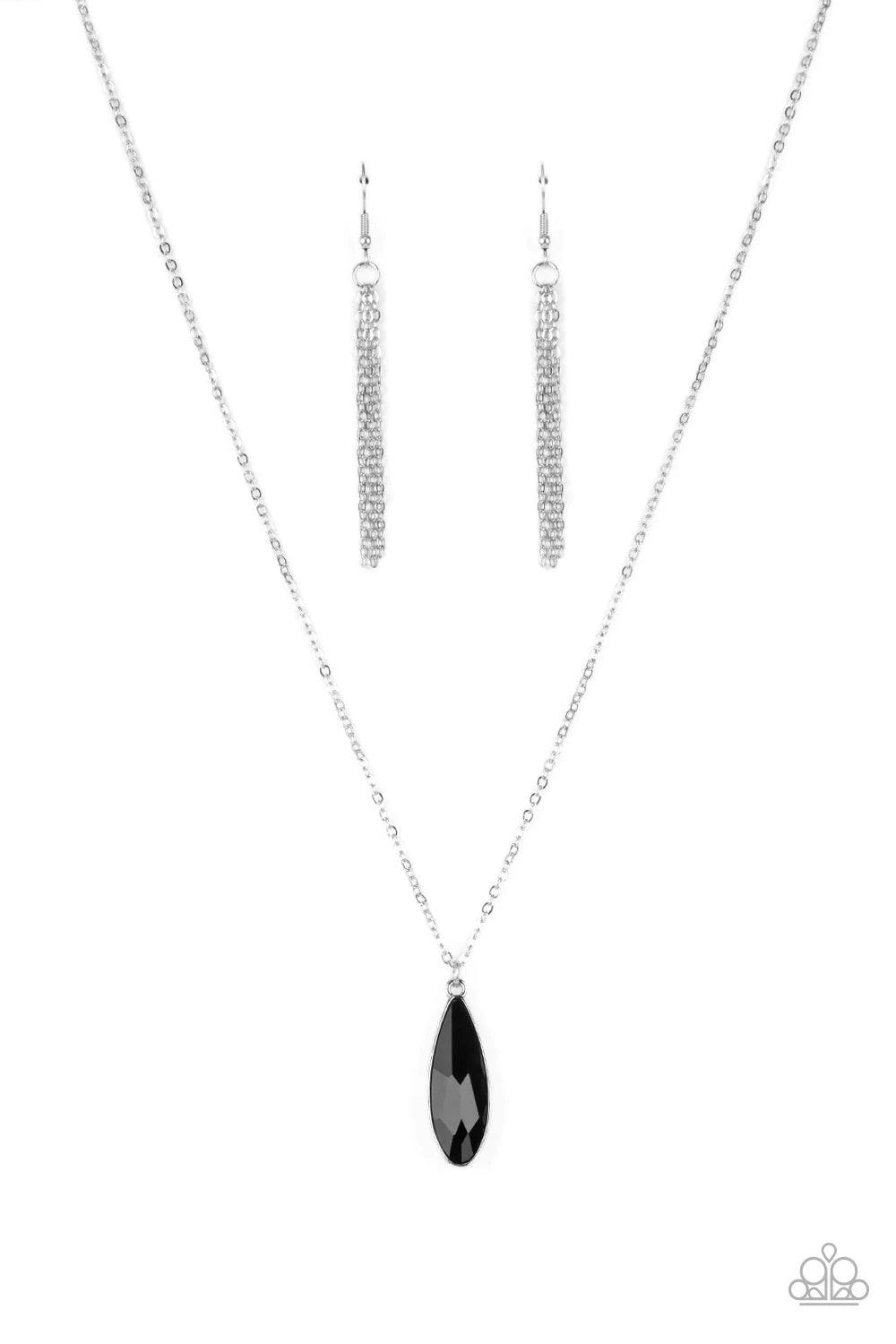 Paparazzi Accessories Prismatically Polished - Black Encased in a sleek silver fitting, an elongated black teardrop gem swings from the bottom of a classic silver chain below the collar for a timeless elegance. Features an adjustable clasp closure. Sold a