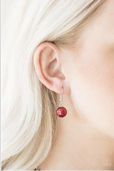 Paparazzi Accessories The Upstater - Red Varying in size, bubbly red pearls, classic silver beads, and shiny red beads swing from the bottom of a glistening silver chain, creating a refined fringe below the collar. Features an adjustable clasp closure. So