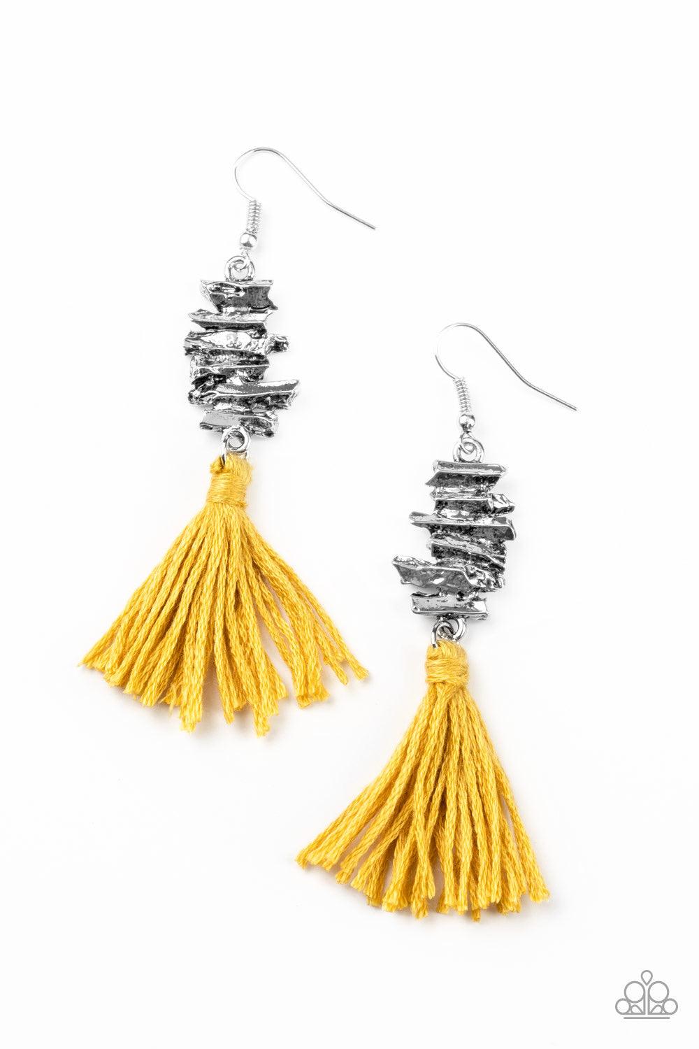 Paparazzi Accessories Tiki Tassel - Yellow A golden yellow threaded tassel swings from the bottom of an abstractly stacked silver frame, creating a colorful fringe. Earring attaches to a standard fishhook fitting. Jewelry