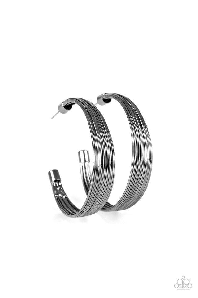 Paparazzi Accessories Live Wire - Black Attached to two shiny gunmetal/black fittings, wire after wire stacks into an edgy hoop. Earring attaches to a standard post fitting. Hoop measures 2" in diameter. Jewelry