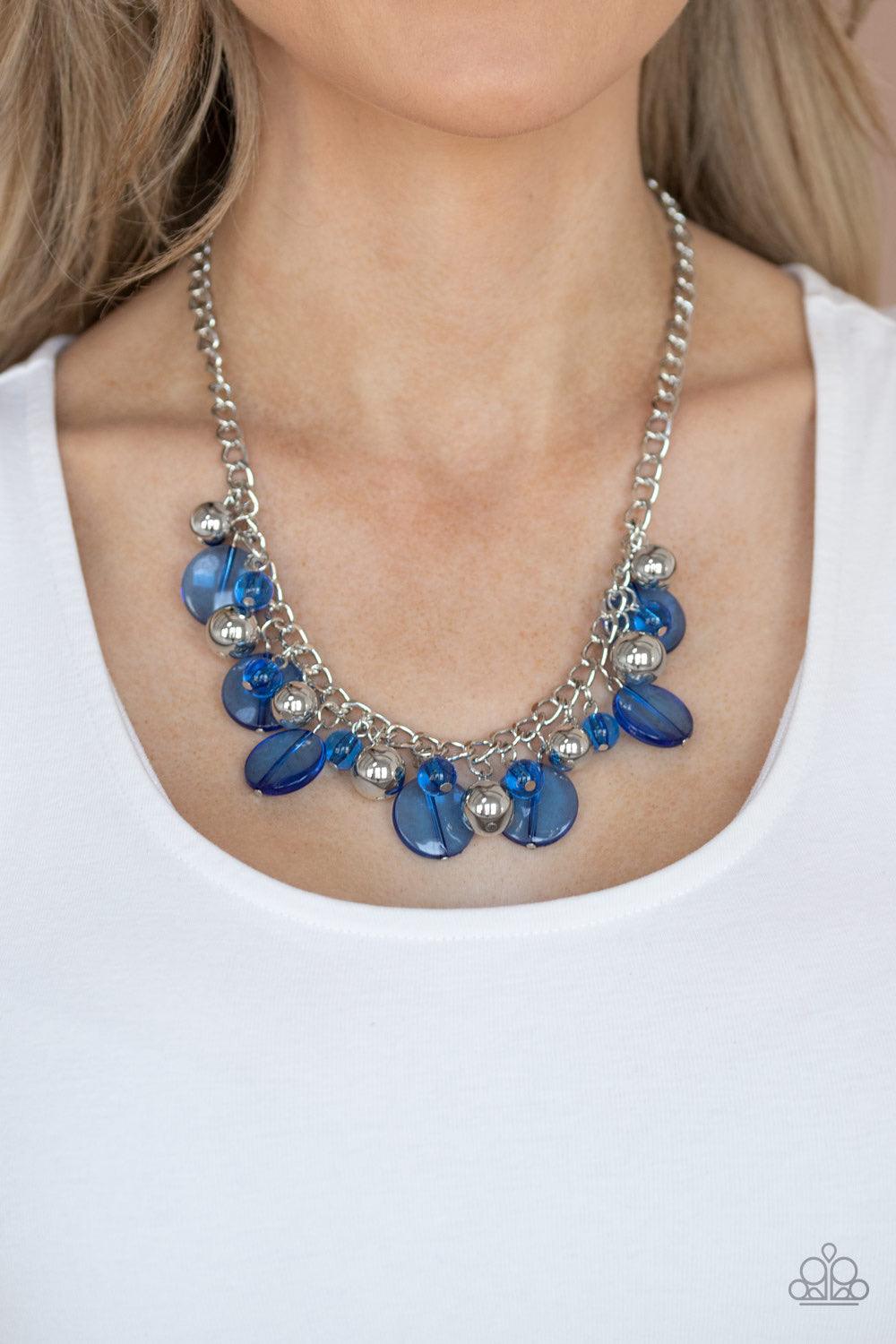 Paparazzi Accessories Gossip Glam - Blue Varying in shape and shimmer, a flirtatious collection of shiny silver and glassy blue beads dance below the collar, creating a bubbly fringe. Features an adjustable clasp closure. Sold as one individual necklace.
