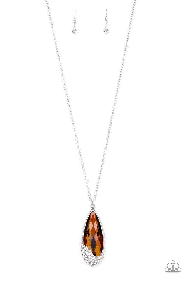 Paparazzi Accessories Spellbound - Brown An oversized teardrop gem is nestled inside of an abstract silver frame that has been dipped in glassy white rhinestones. The spellbinding pendant swings from the bottom of a lengthened silver chain for a glamorous