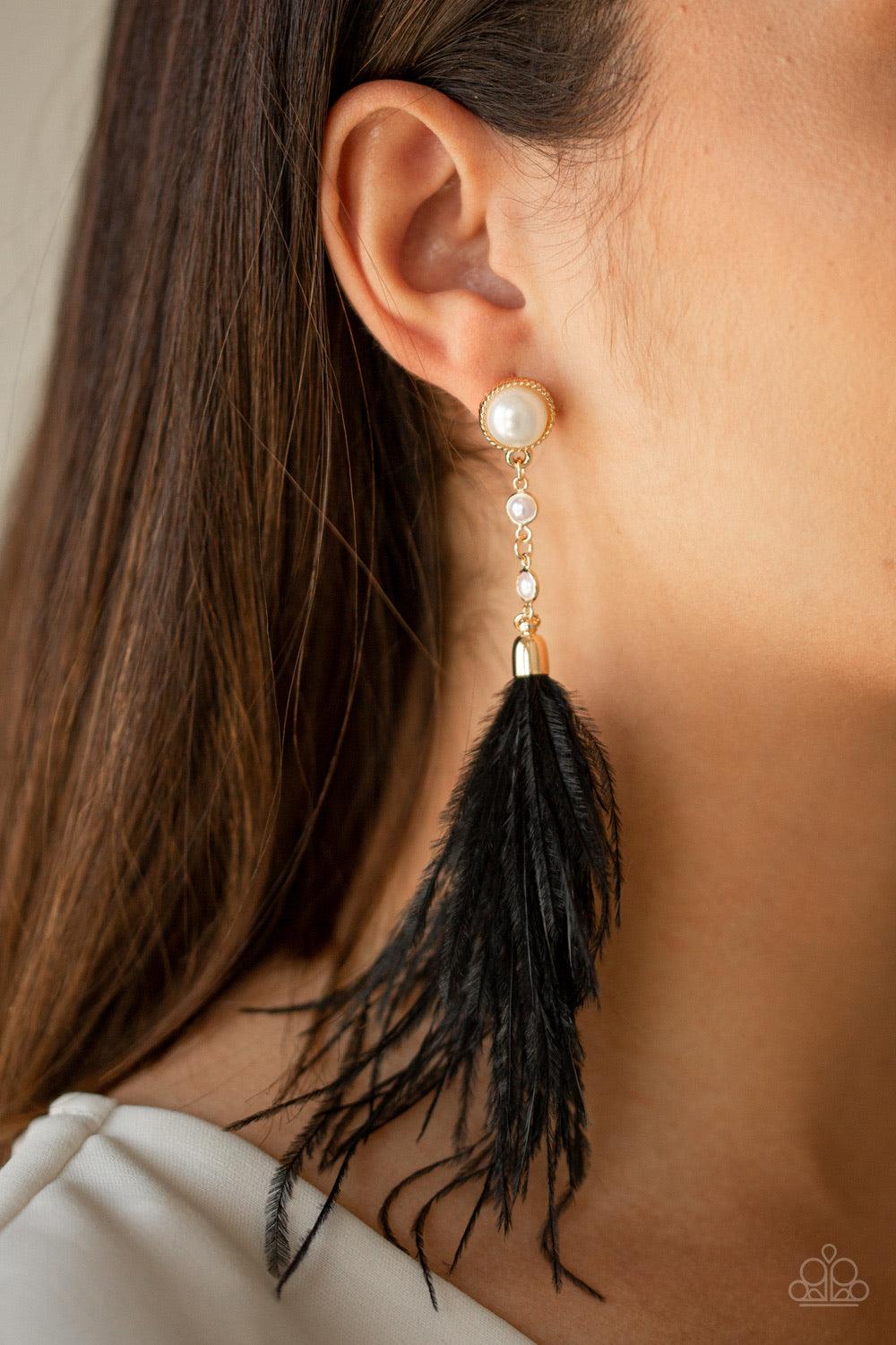 Paparazzi Accessories Vegas Vixen ~Black A plume of black feathers flares out from the bottom of linked pearl dotted gold frames, creating a glamorous tassel. Earring attaches to a standard post fitting.