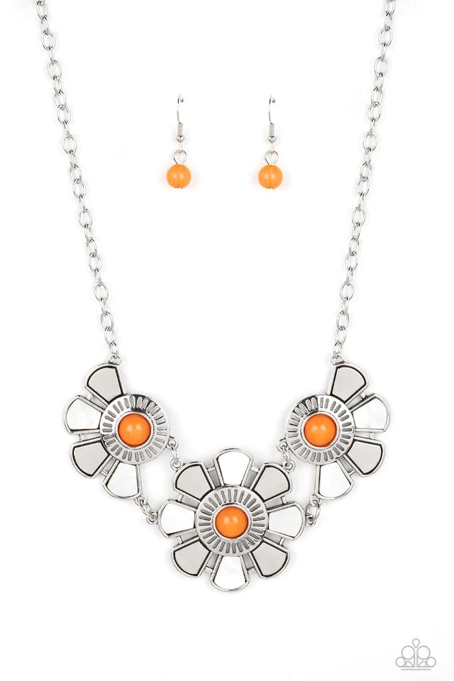 Paparazzi Accessories Aquatic Garden - Orange Dotted with orange bead centers, silver and white shell-like petals fan out from an airy metal frame. The trio of whimsically industrial flowers connects to a conventional silver chain below the collar resulti