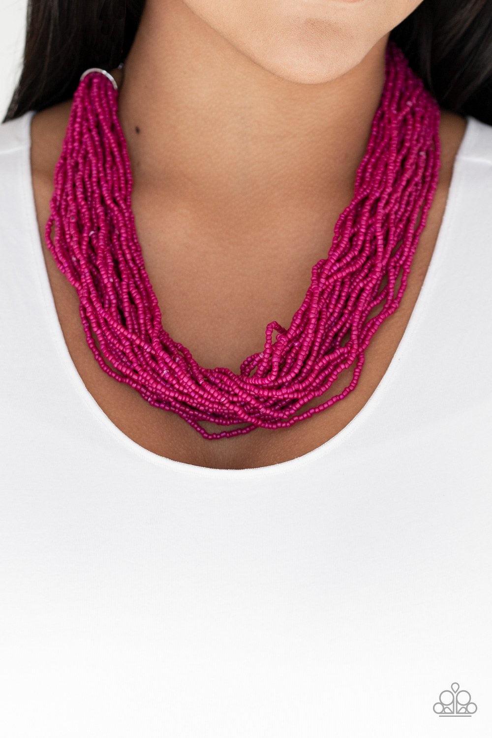 Paparazzi Accessories The Show Must CONGO On! - Pink Infused with two bold silver fittings, countless strands of vivacious pink seed beads drape below the collar for a seasonal look. Features an adjustable clasp closure. Sold as one individual necklace. I