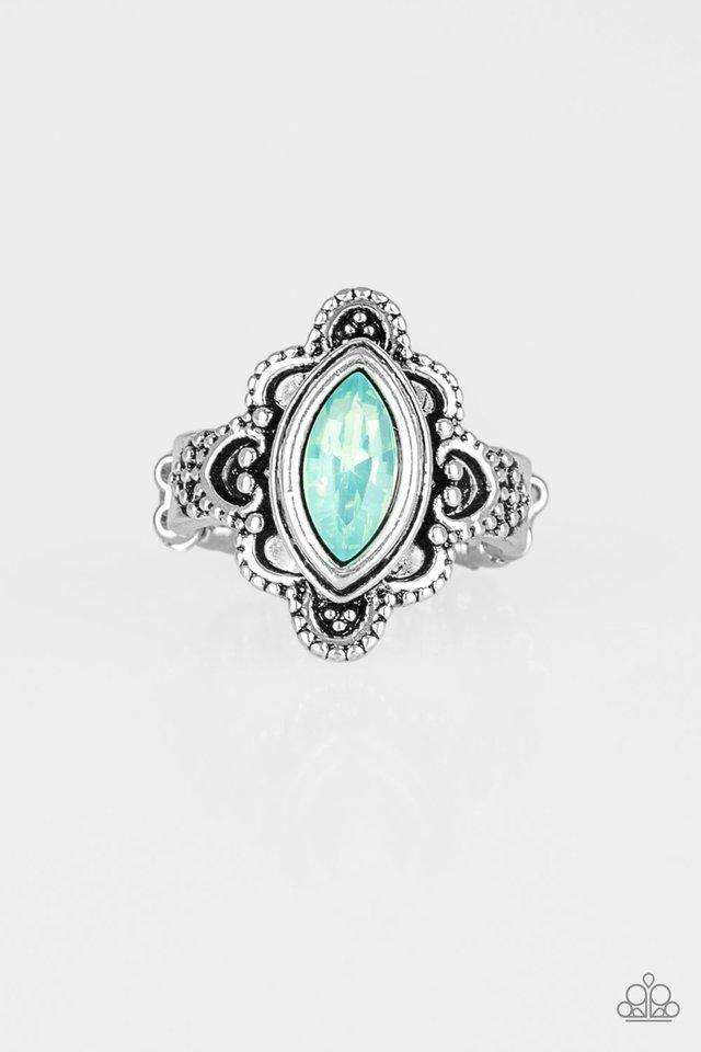 Paparazzi Accessories Glass Half-COLORFUL - Green An opalescent green gem is pressed into a scalloped silver frame radiating with shiny silver studs, creating a whimsical frame atop the finger. Features a dainty stretchy band for a flexible fit. Sold as o