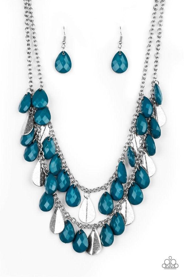 Paparazzi Accessories Life of the FIESTA - Blue Two strands of silver chain are decorated in a flirtatious fringe of faceted blue teardrops. Glittery beveled silver teardrops are sprinkled between the blue beading, adding hints of shimmer to the vibrant d