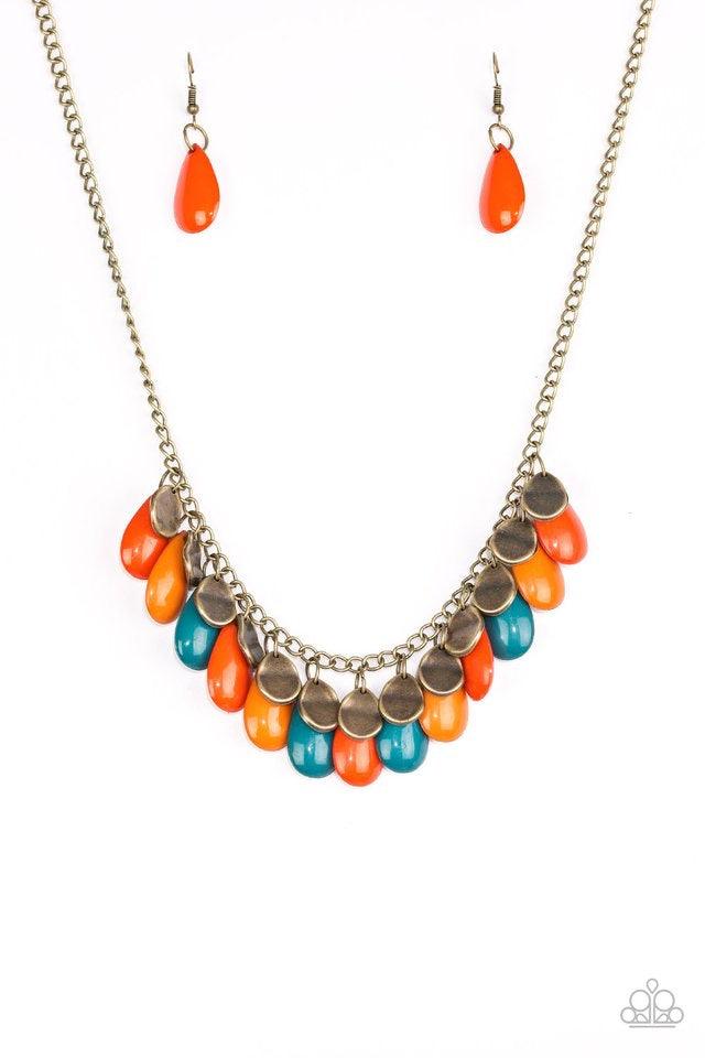 Paparazzi Accessories Tropical Storm ~Multi Polished blue, orange, and red teardrops drip from the bottom of a shimmery brass chain, creating a colorful fringe below the collar. Featuring a delicately hammered surface, dainty brass teardrops are sprinkled
