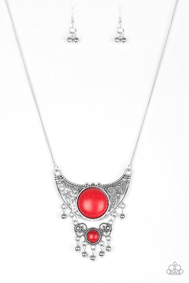 Paparazzi Accessories Summit Style - Red Embossed in dotted and swirling details, a large silver crescent attaches to a smaller frilly frame, creating a stacked pendant. Swinging from the bottom of a lengthened silver chain, the tribal inspired pendant fe