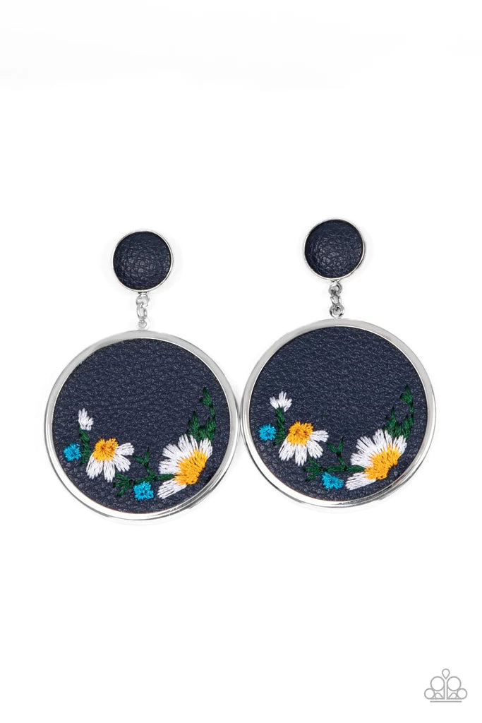 Paparazzi Accessories Embroidered Gardens - Blue A small Rhodonite leather disc, encased in a simple silver frame, anchors a larger Rhodonite circle that is adorned with fanciful embroidered flowers creating a whimsical lure. Earring attaches to a standar