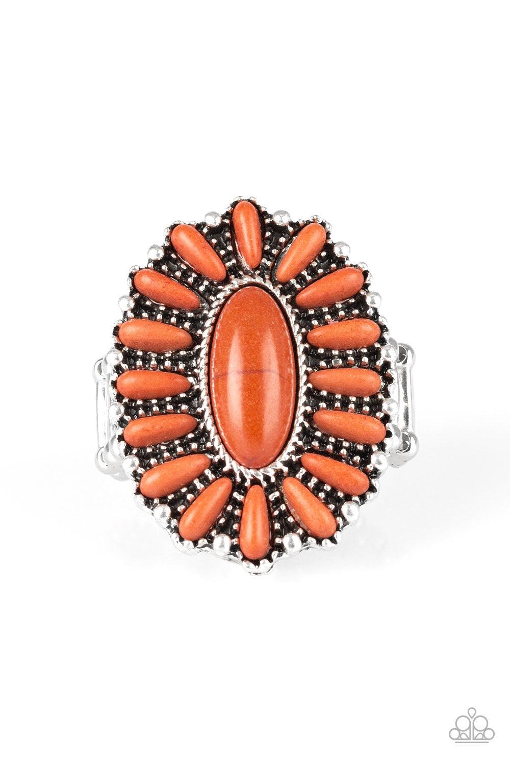 Paparazzi Accessories Cactus Cabana - Orange Vivacious orange stones are pressed into a studded silver frame, coalescing into a whimsical floral centerpiece atop the finger. Features a stretchy band for a flexible fit. Jewelry