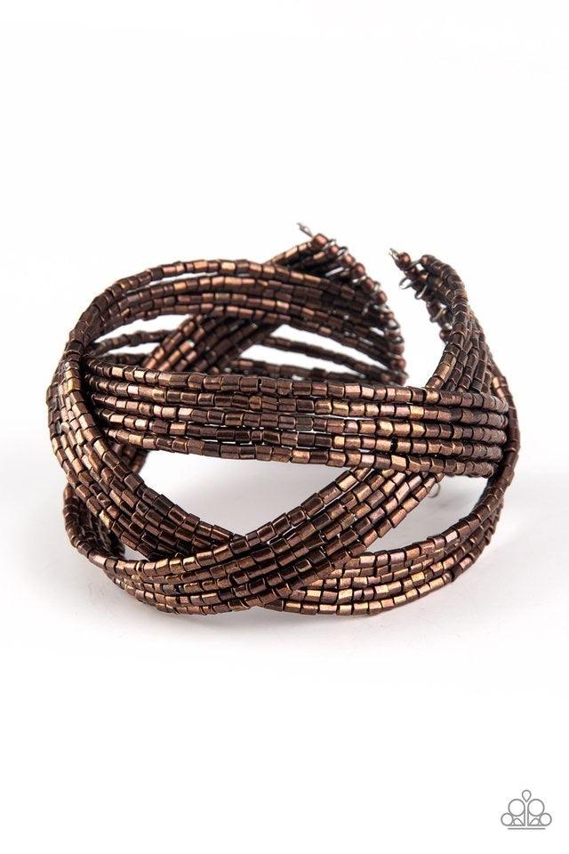 Paparazzi Accessories Shooting Stars - Copper Layers of copper seed beads are braided together to create a breathtaking cuff design that shimmers brilliantly along the wrist. Jewelry