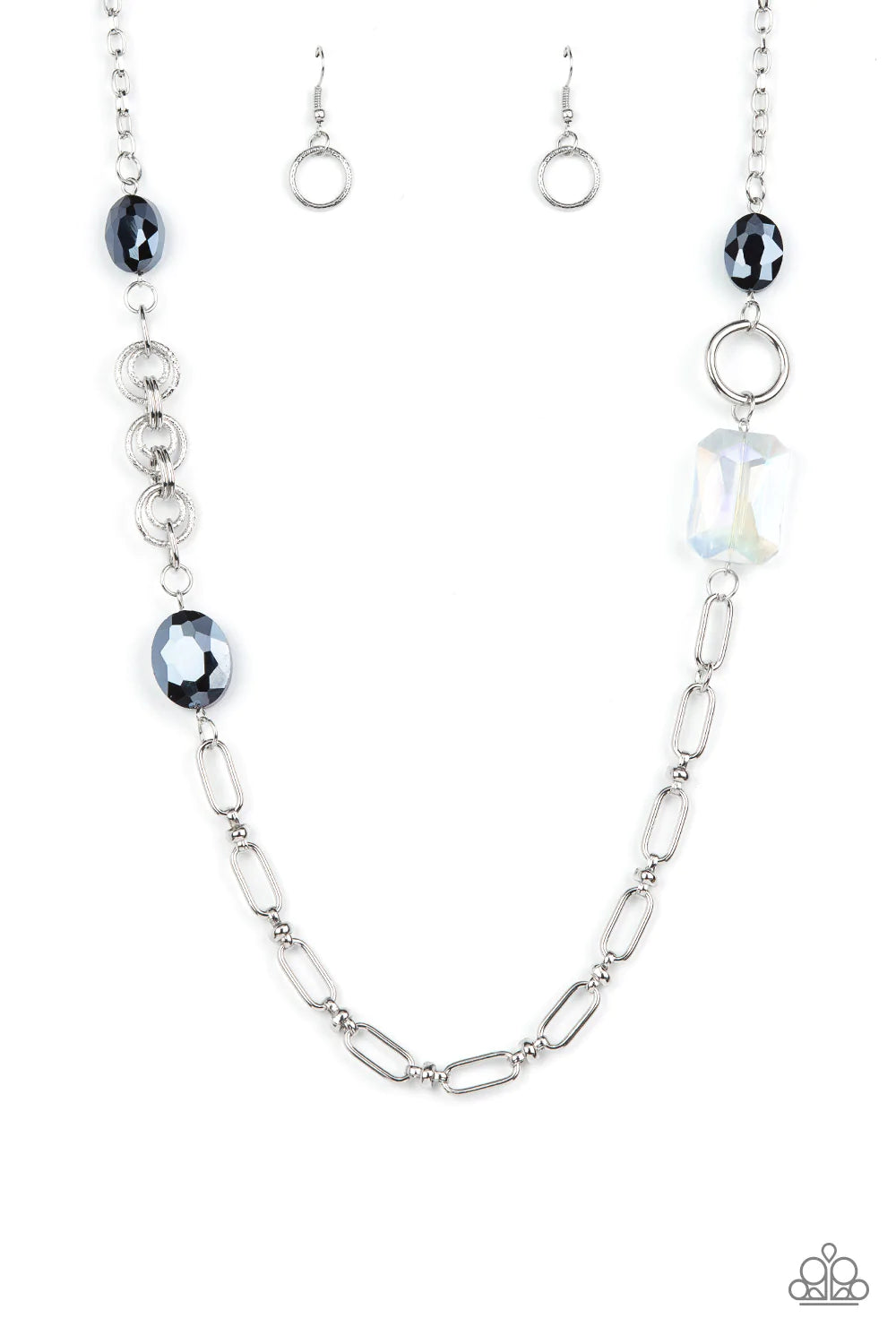 Paparazzi Accessories Famous and Fabulous - Blue A mismatched assortment of oval, round, textured, and silver hoops haphazardly link into a chaotic chain below the collar. Featuring oval and emerald style cuts, oversized metallic blue and iridescent gems
