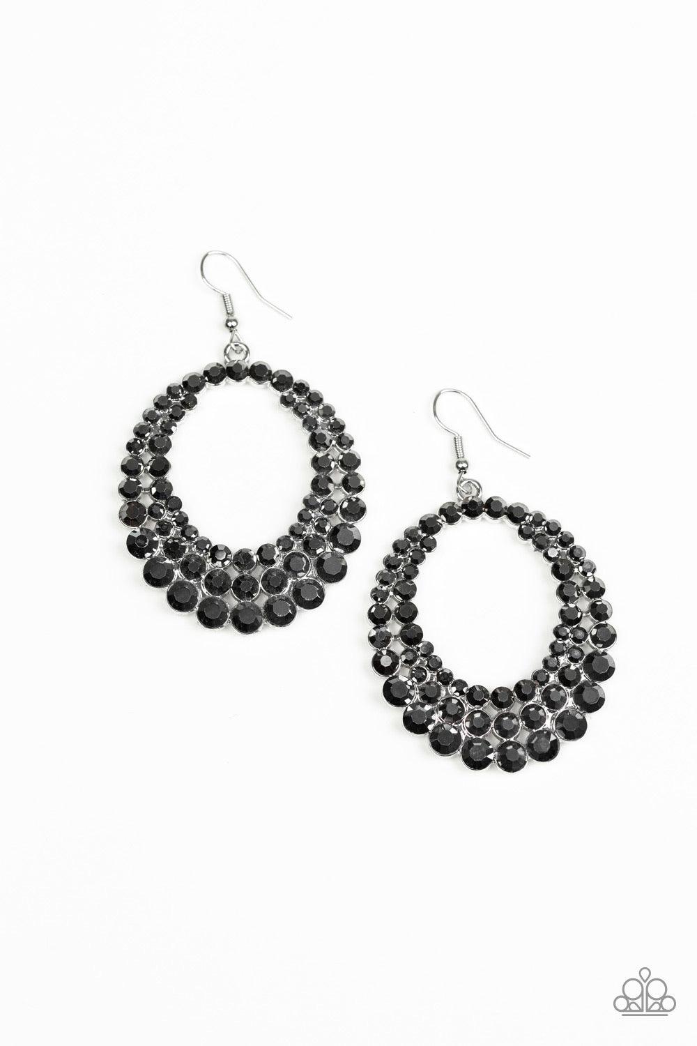 Paparazzi Accessories Universal Shimmer ~Silver Rings of glittery hematite rhinestones collect into a blinding frame in a dramatically glamorous fashion. Earring attaches to a standard fishhook fitting.