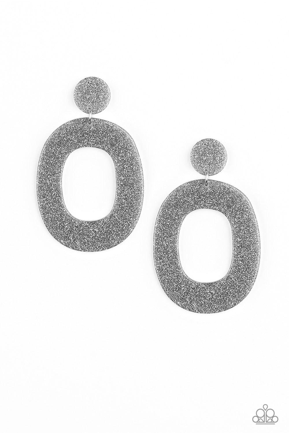 Paparazzi Accessories Miami Boulevard - Silver Brushed in a glittery finish, a large gray hoop swings from the bottom of a rounded fitting for a retro glamorous look. Earring attaches to a standard post fitting. Sold as one pair of post earrings. Jewelry