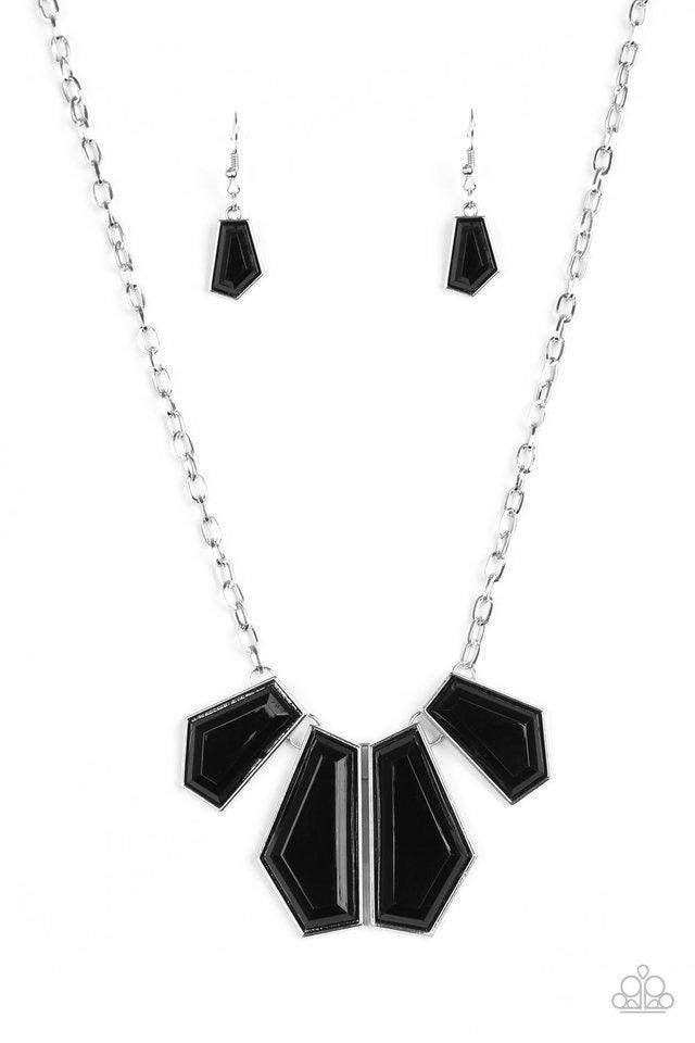 Paparazzi Accessories Get Up and Geo - Black Featuring emerald-style cuts, faceted black beads are pressed into sleek silver frames. The colorful frames join at the bottom of a shimmery silver chain, creating a bold geometric fringe below the collar. Feat