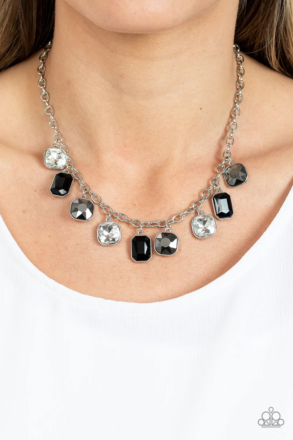 Paparazzi Accessories Best Decision Ever - Silver Featuring emerald and radiant style cuts, a sparkly collection of hematite, black, and white rhinestones glitters below the collar, creating an irresistible fringe. Features an adjustable clasp closure. So