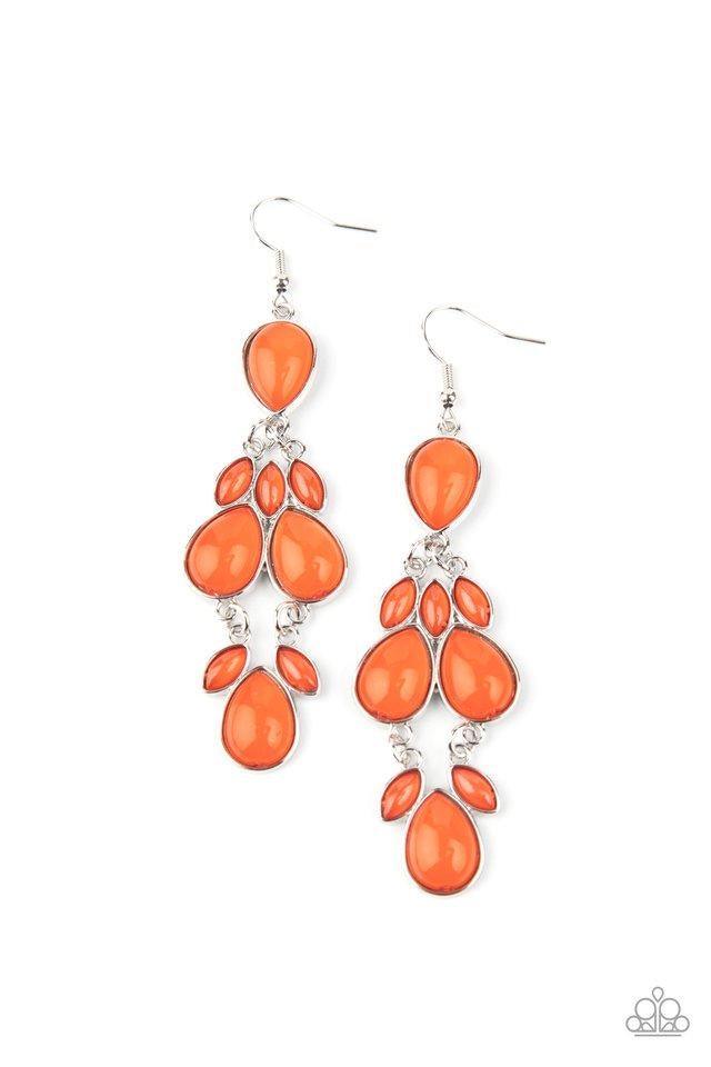 Paparazzi Accessories Super Star Social - Orange Encased in sleek silver fittings, a glassy collection of marquise and teardrop Amberglow beads delicately connect into a dramatically colorful lure. Earring attaches to a standard fishhook fitting. Jewelry