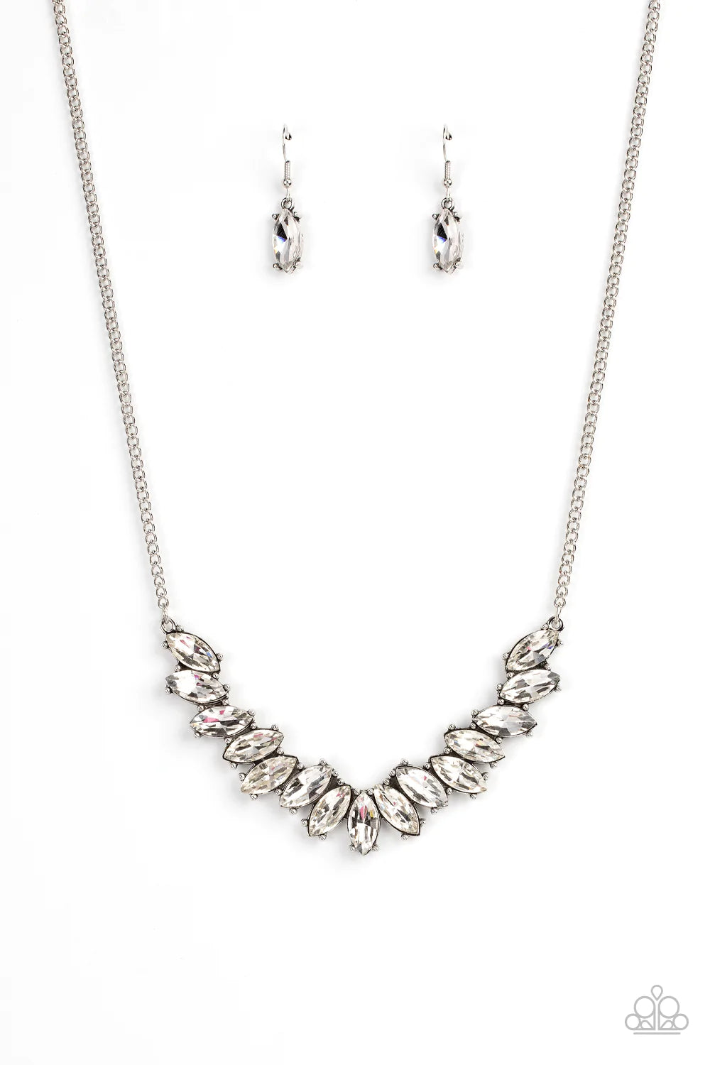 Paparazzi Accessories Galaxy Game Changer - White Featuring pronged silver fittings, a sparkly series of white marquise cut rhinestones fan out below the collar for a stellar statement-making look. Features an adjustable clasp closure. Sold as one individ