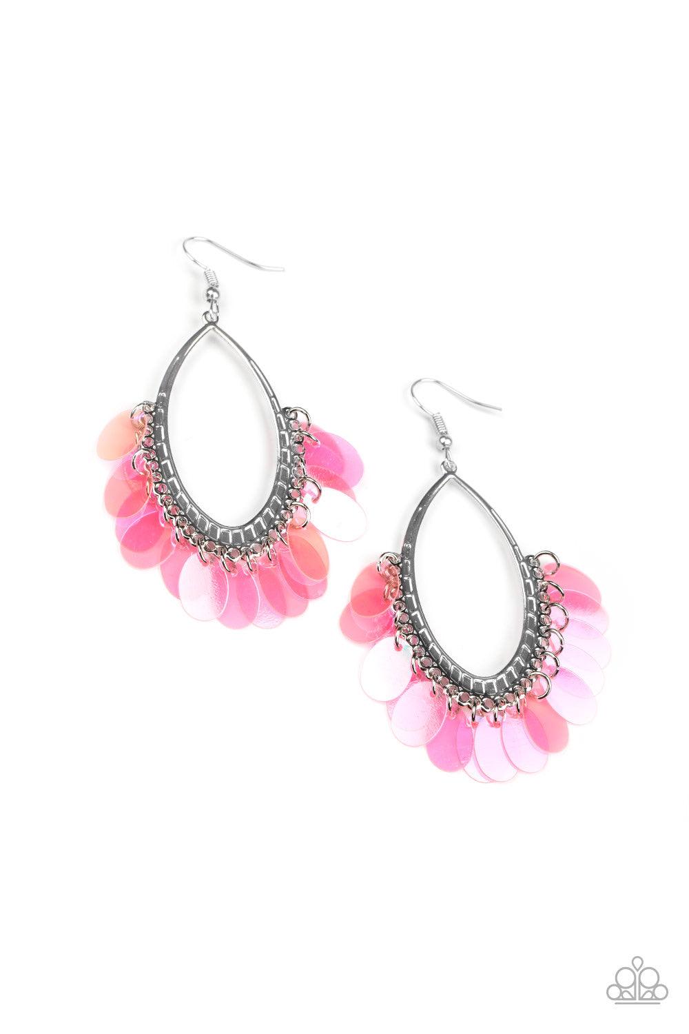 Paparazzi Accessories Mermaid Magic - Pink Iridescent pink sequins dangle from the bottom of a textured silver oval, creating an effervescent fringe. Earring attaches to a standard fishhook fitting. Sold as one pair of earrings. Jewelry
