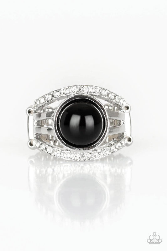 Paparazzi Accessories A Big Break - Black Radiating with glassy white rhinestones, row after row of glittering silver bars arc across the finger. A shiny black bead is pressed into the center of the layered bands, adding a dramatically refined finish to t