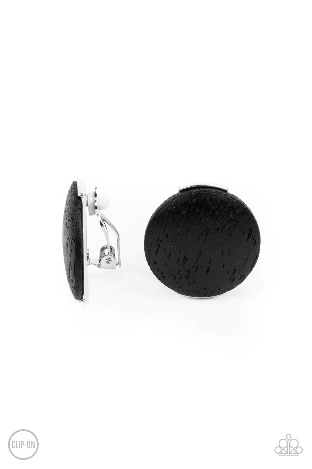 Paparazzi Accessories WOODWORK It - Black. *Clip-On An oversized black wooden disc is fitting in place between a silver frame, creating an earthy effect. Earring attaches to a standard clip-on fitting. Sold as one pair of clip-on earrings. Jewelry
