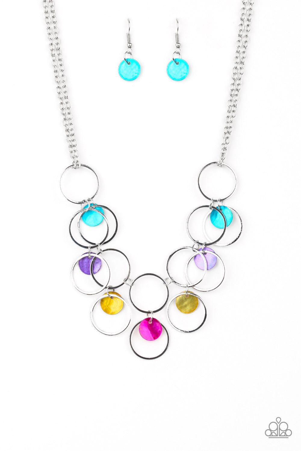 Paparazzi Accessories Ask And You SHELL Receive - Multi Infused with doubled silver chains, a row of glistening silver hoops connect below the collar. Multicolored shell-like discs and airy silver hoops swing from the bottom, creating a summery fringe. Fe