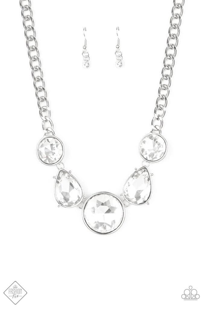 Paparazzi Accessories All The World’s My Stage - White Infused with heavy silver chain, an exaggerated display of round and teardrop-shaped white rhinestones connects below the collar for a blinding look. Features an adjustable clasp closure. Sold as one