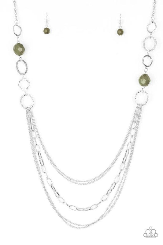 Paparazzi Accessories Margarita Masquerades - Green Faceted green beads and hammered silver hoops gives way to layers of mismatched silver chains for a whimsical look. Features an adjustable clasp closure. Sold as one individual necklace. Includes one pai