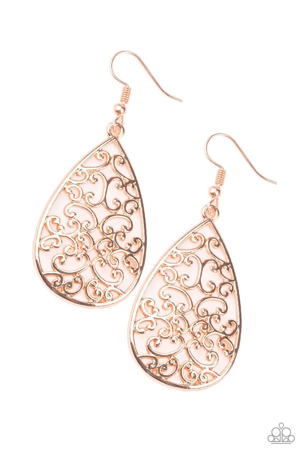 Paparazzi Accessories Divine Vine - Copper Vine-like filigree climbs the center of a shiny copper teardrop, creating a whimsical frame. Earring attaches to a standard fishhook fitting. Jewelry
