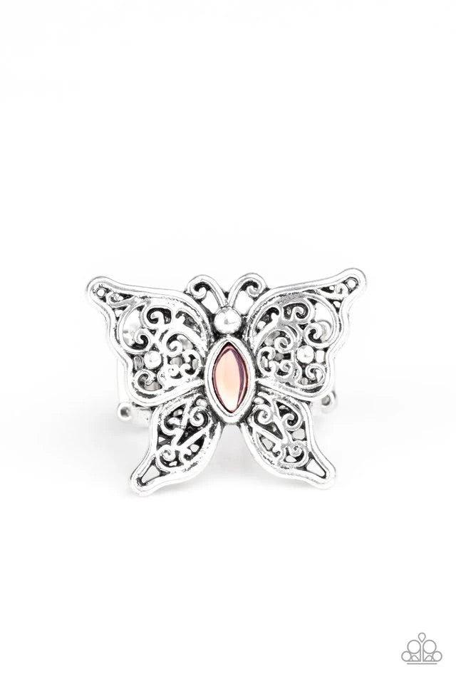 Paparazzi Accessories Flutter Flavor - Pink Lacy silver wings bloom from an opalescent pink cat's eye center, coalescing into a whimsical butterfly atop the finger. Features a stretchy band for a flexible fit. Jewelry